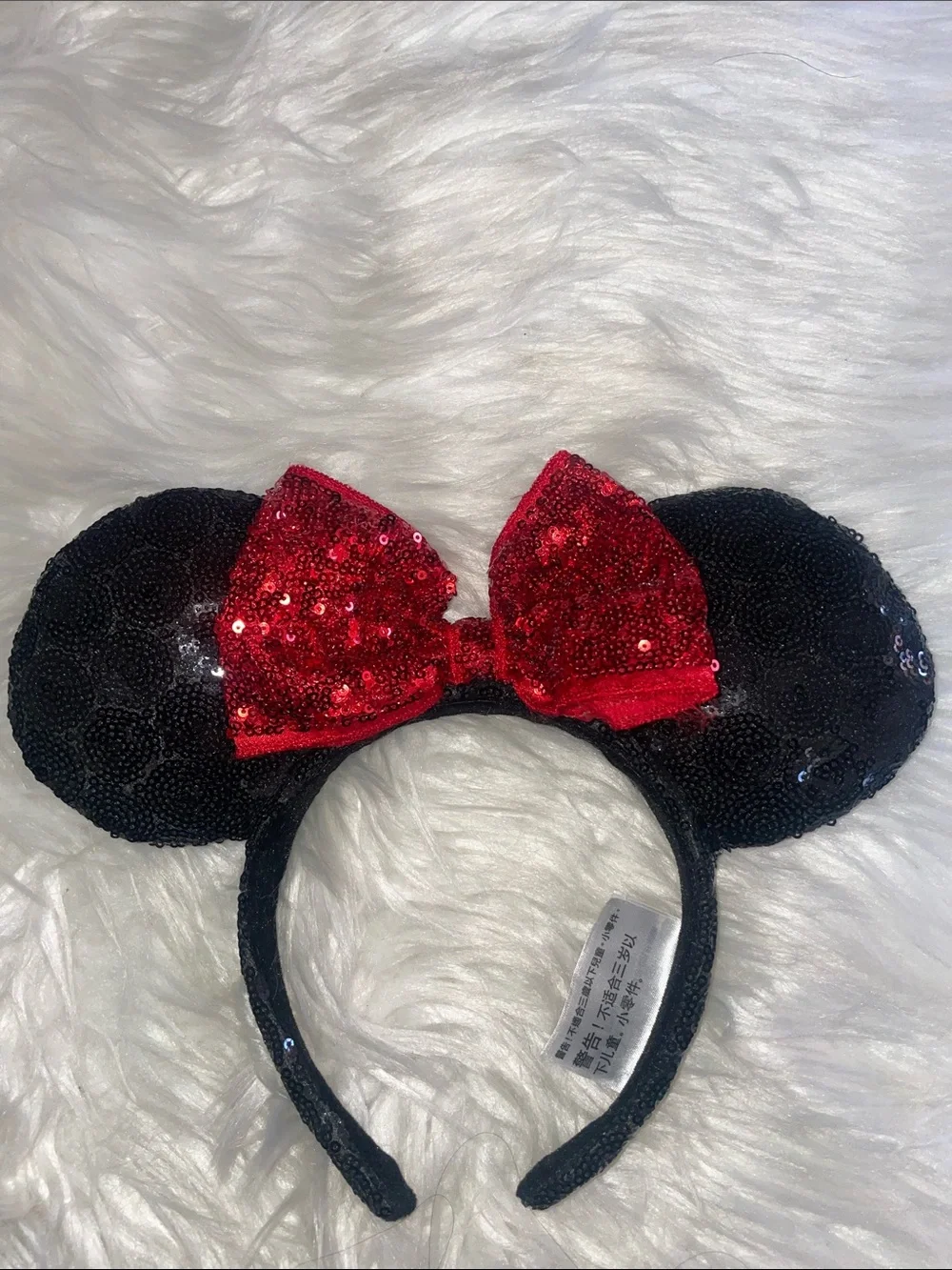 Disney Black All Over Sequin Minnie Ear Headband with Red Bow Accent